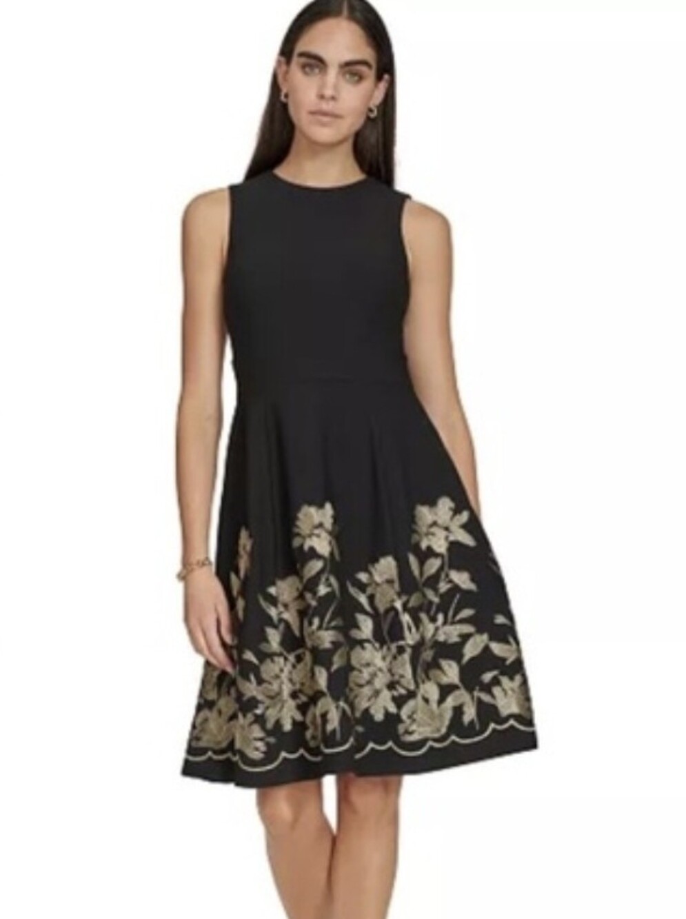 Clavin Klein Sleeveless Black Dress with Gold Floral Border 16W